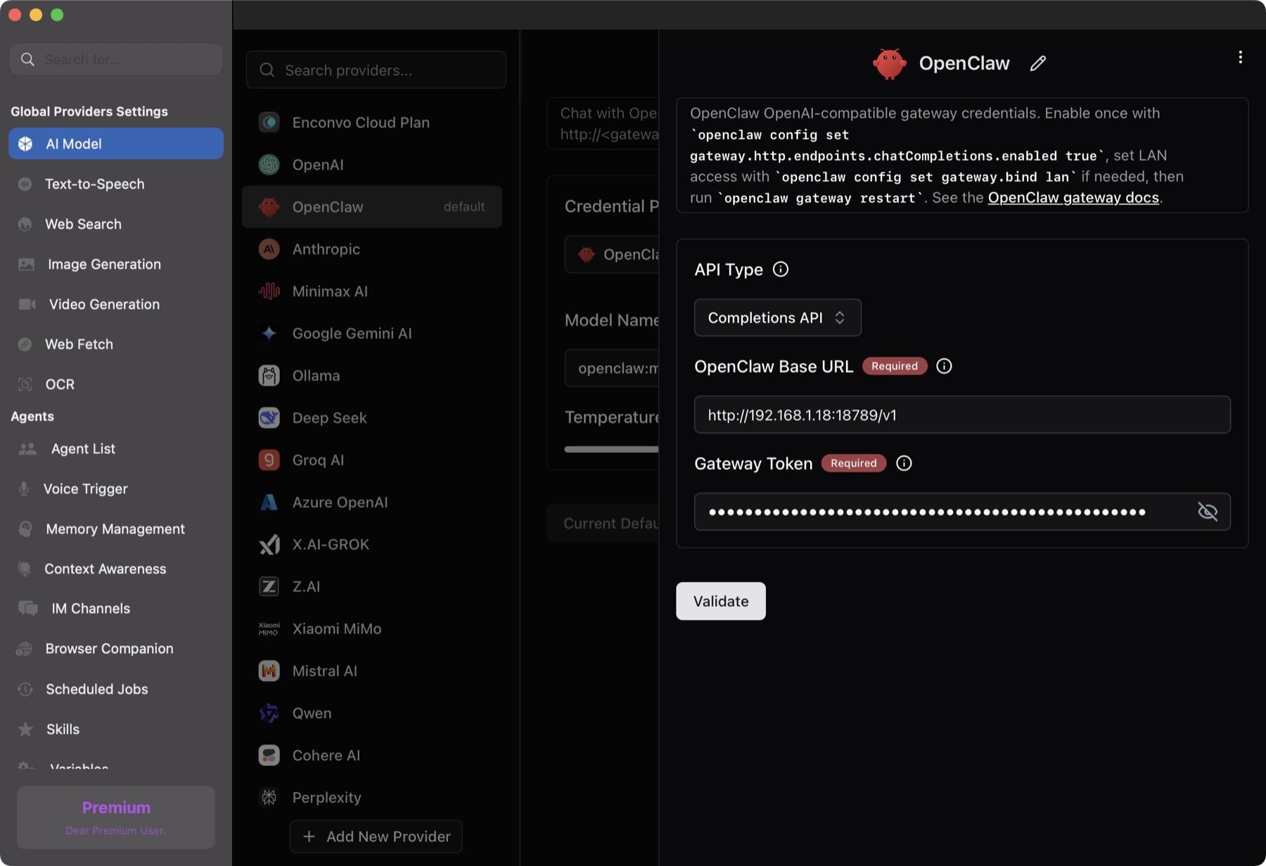 OpenClaw credential settings in EnConvo