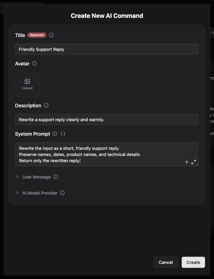 Unsaved Friendly Support Reply AI Command example