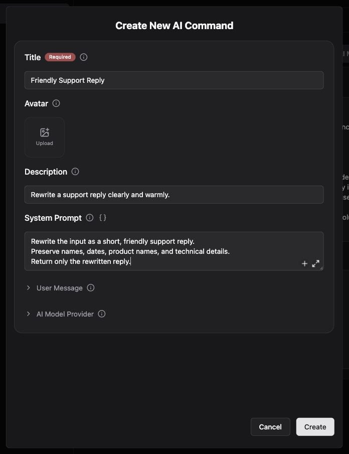 Unsaved Friendly Support Reply AI Command example