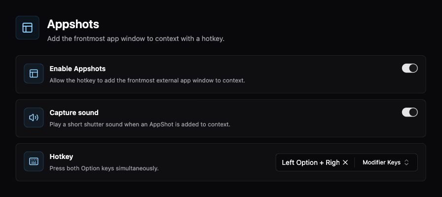Appshots settings with enable, capture sound, and hotkey controls