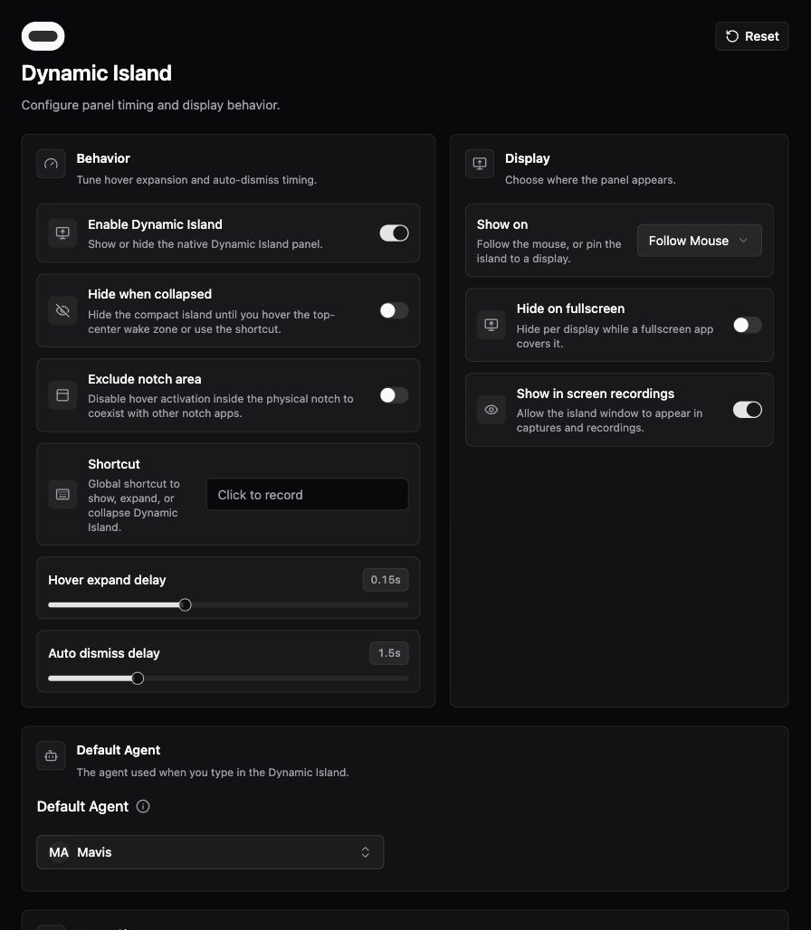 Dynamic Island behavior, display, and default Agent settings