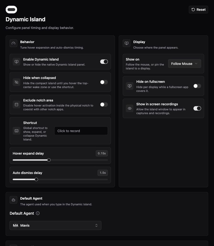 Dynamic Island behavior, display, and default Agent settings