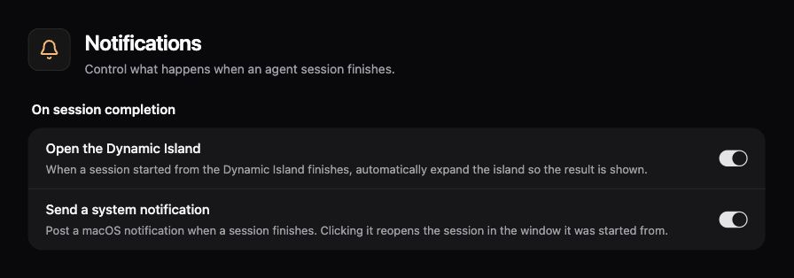 Agent completion settings for Dynamic Island expansion and system notifications