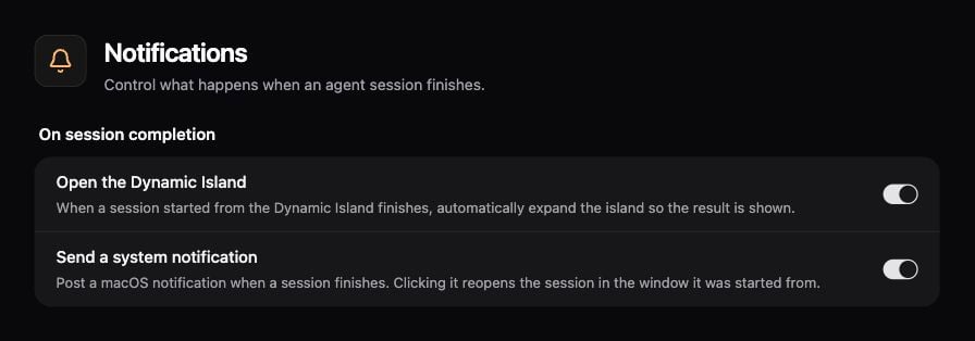 Agent completion settings for Dynamic Island expansion and system notifications