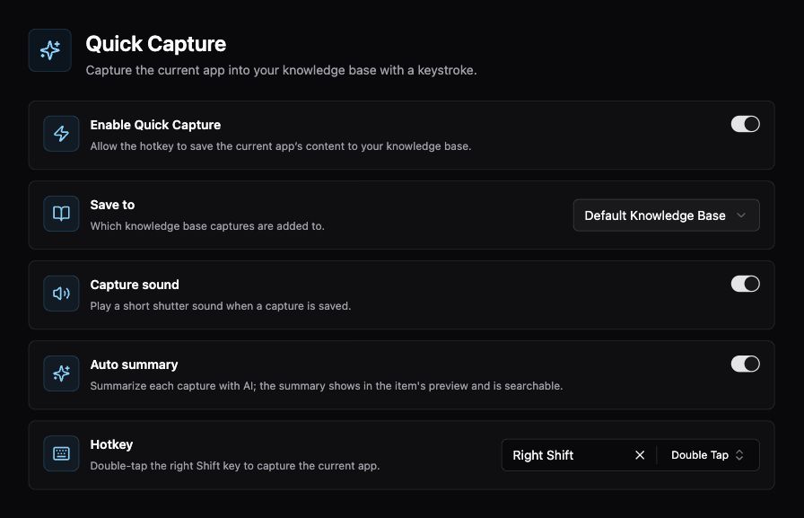 Quick Capture destination, sound, automatic summary, and hotkey controls