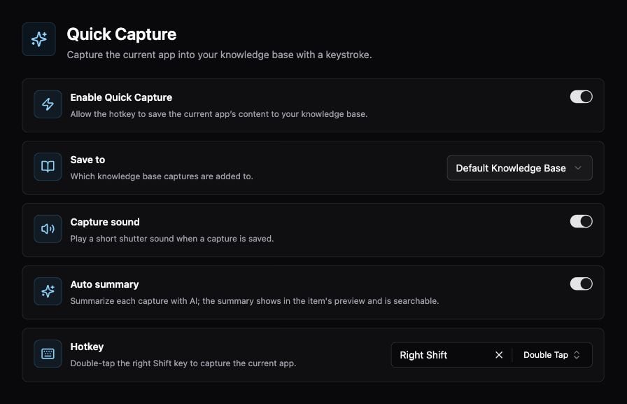 Quick Capture destination, sound, automatic summary, and hotkey controls