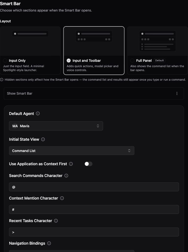 Input Only, Input and Toolbar, and Full Panel SmartBar layout choices