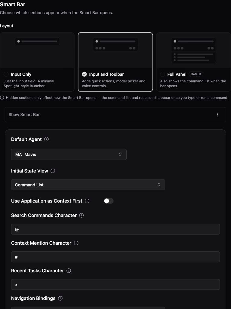 Input Only, Input and Toolbar, and Full Panel SmartBar layout choices