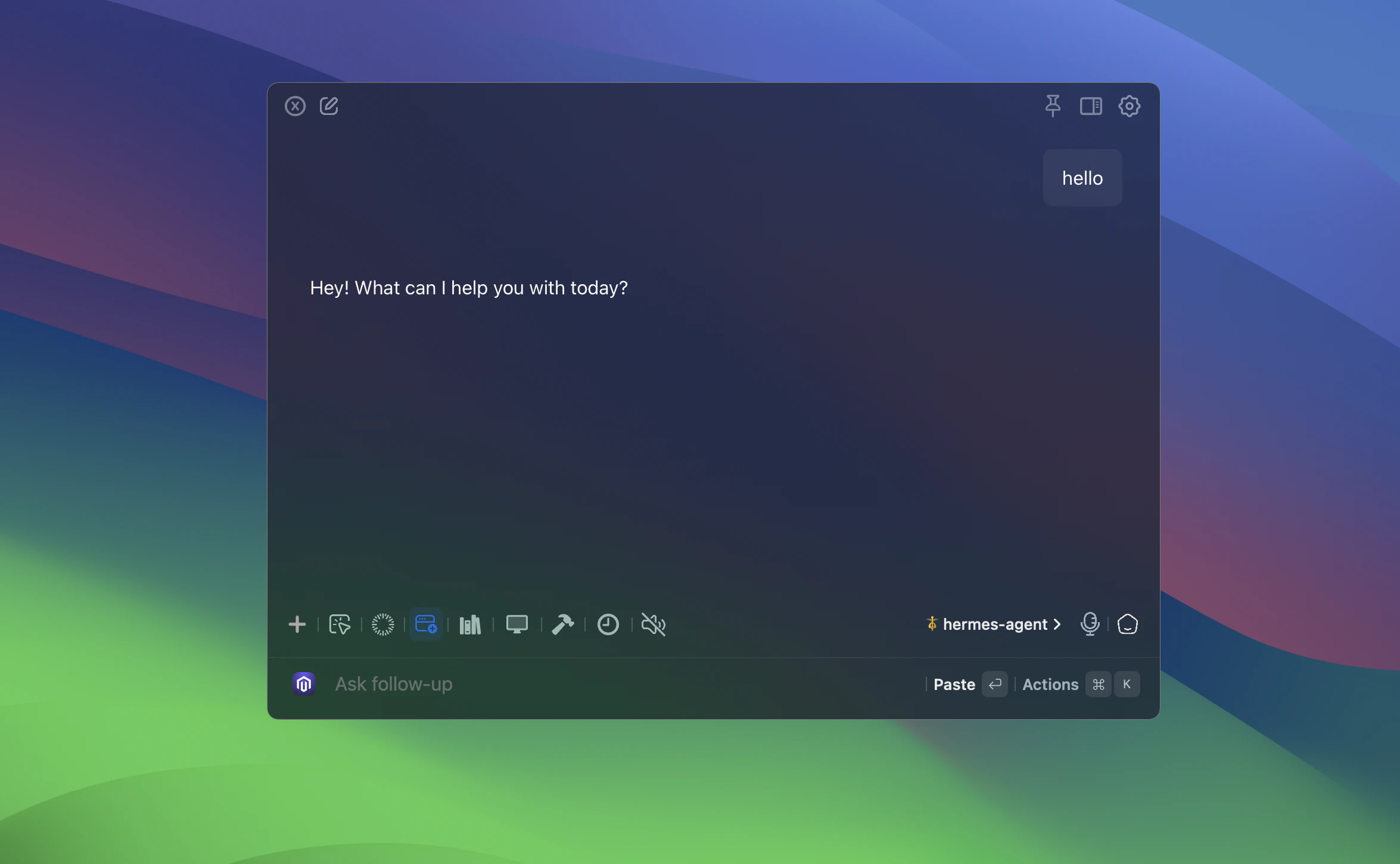 Hermes Agent selected as the chat model