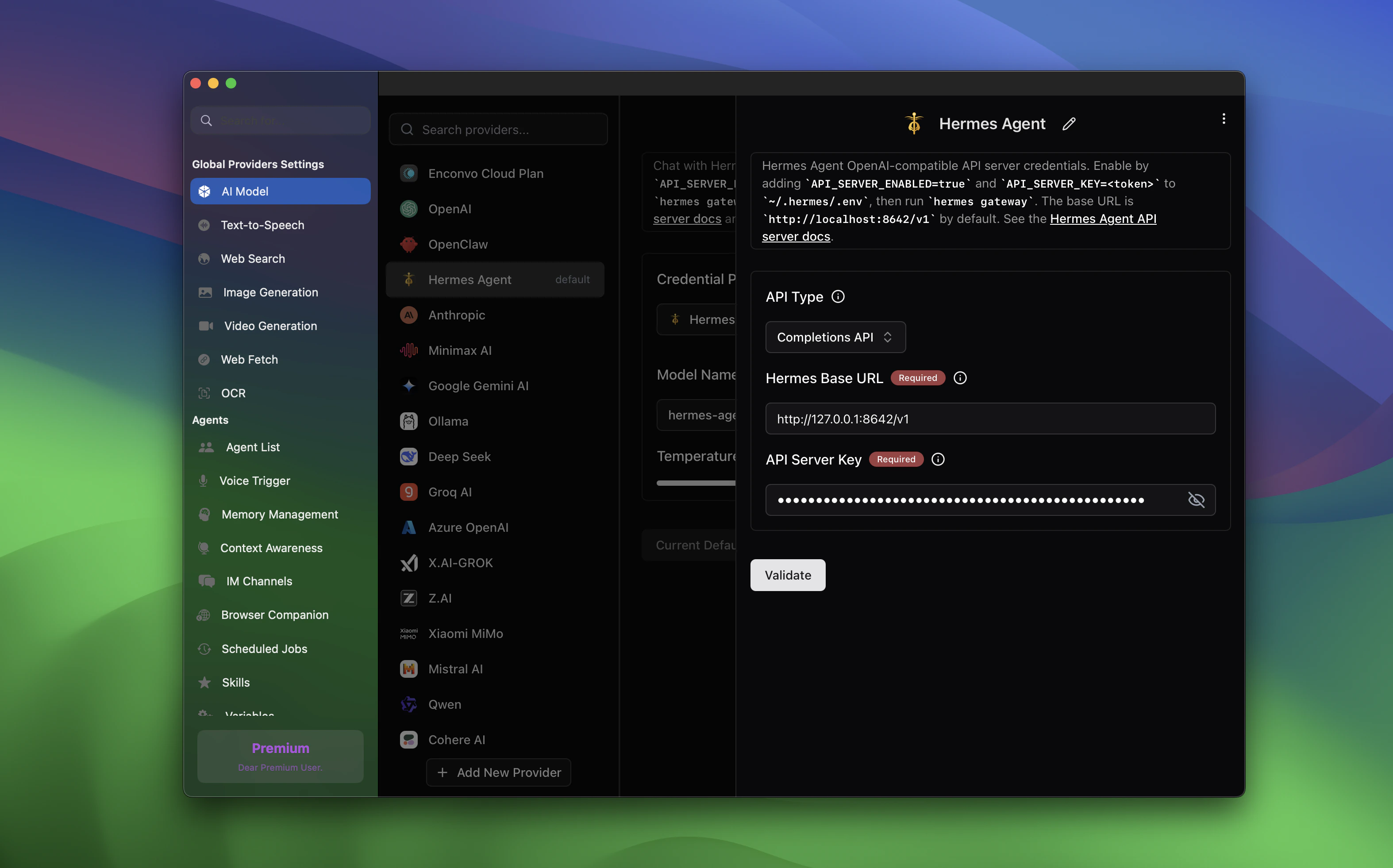 Hermes Agent credential settings in EnConvo