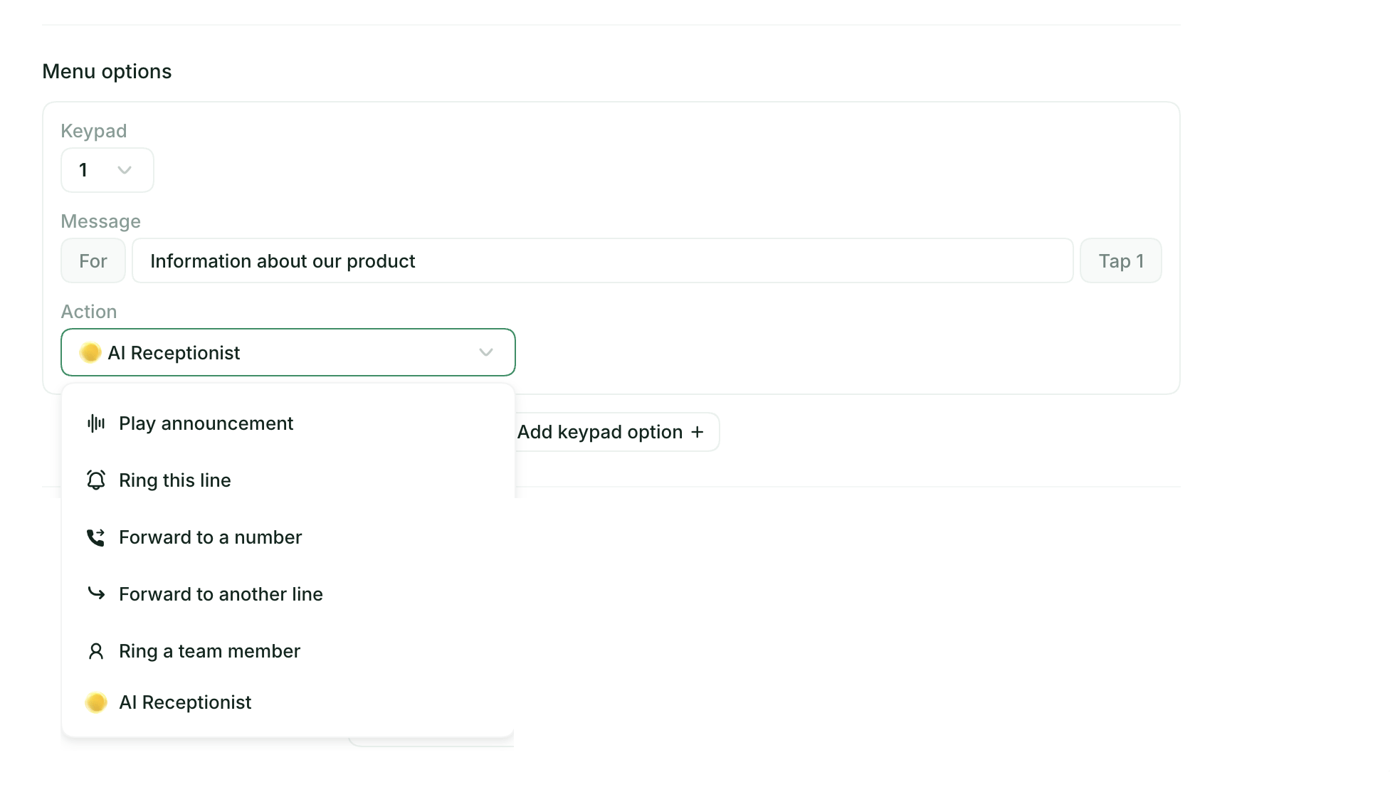 Le choix d'action pour une option du menu SVI dans les réglages Allo