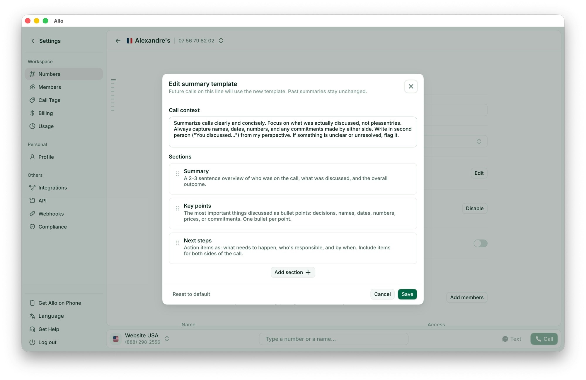 Edit summary template modal in Allo settings