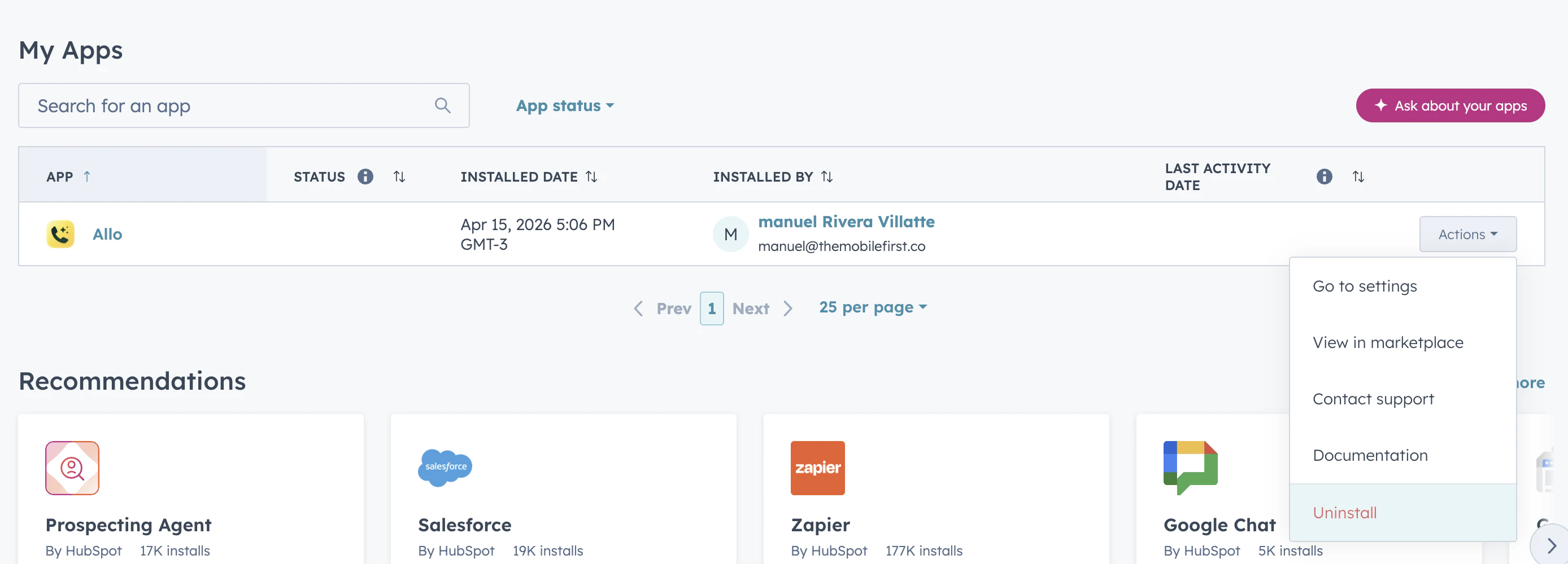Uninstall Allo from Hubspot