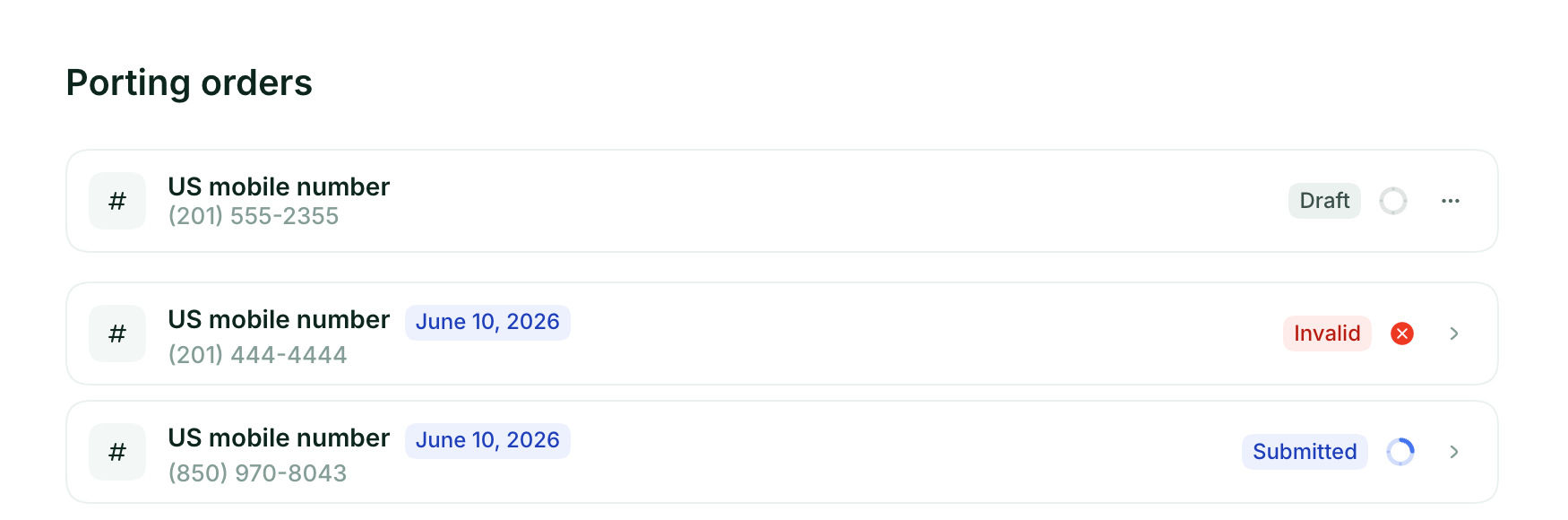 The Porting orders section in Settings > Numbers, showing three orders with Draft, Invalid, and Submitted statuses