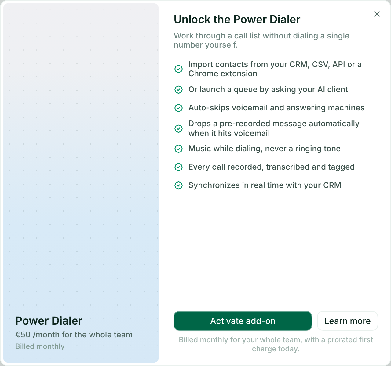The Unlock the Power Dialer window, with the price of 50 euros per month for the whole team and the Activate add-on button