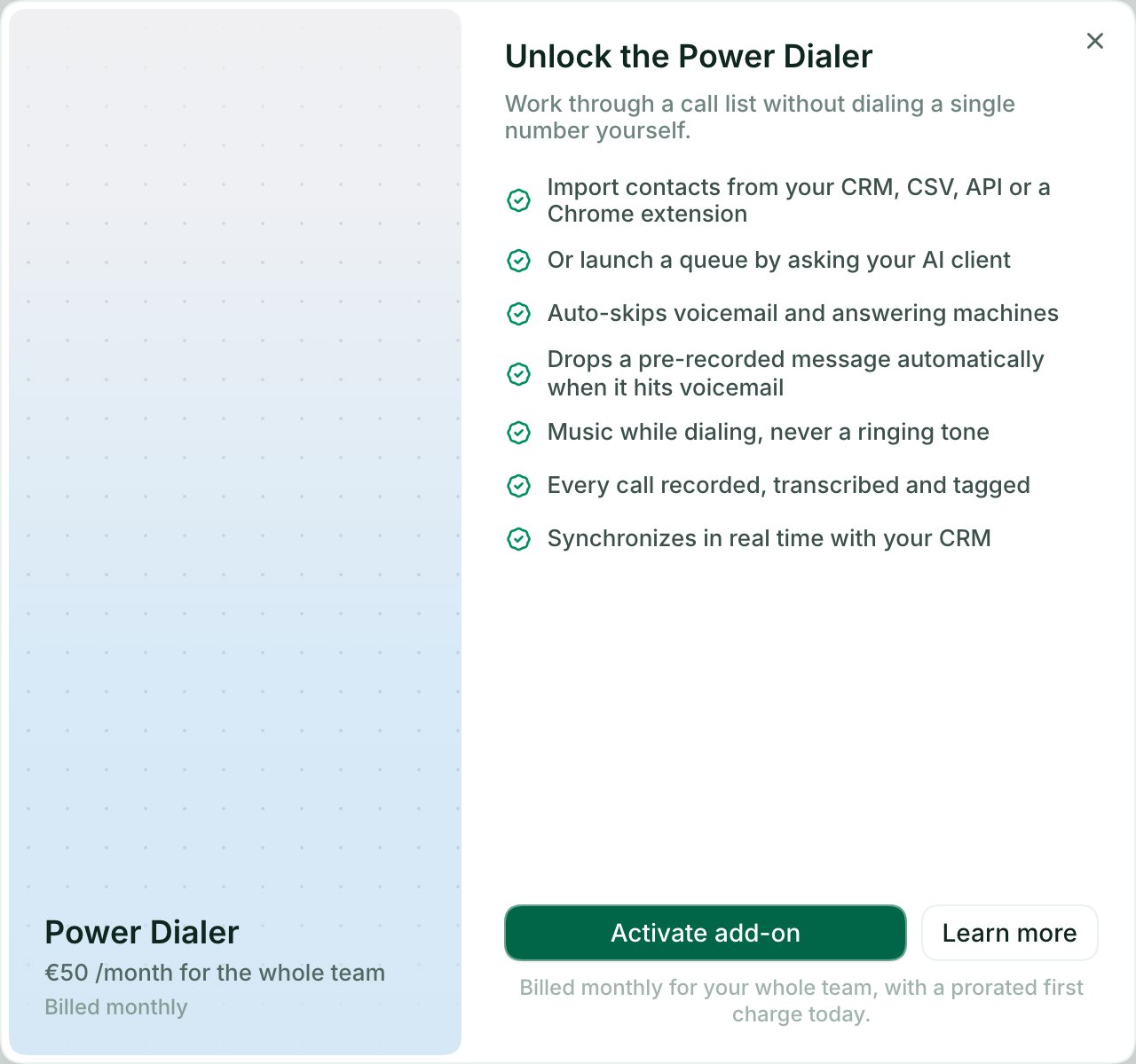 The Unlock the Power Dialer window, with the price of 50 euros per month for the whole team and the Activate add-on button