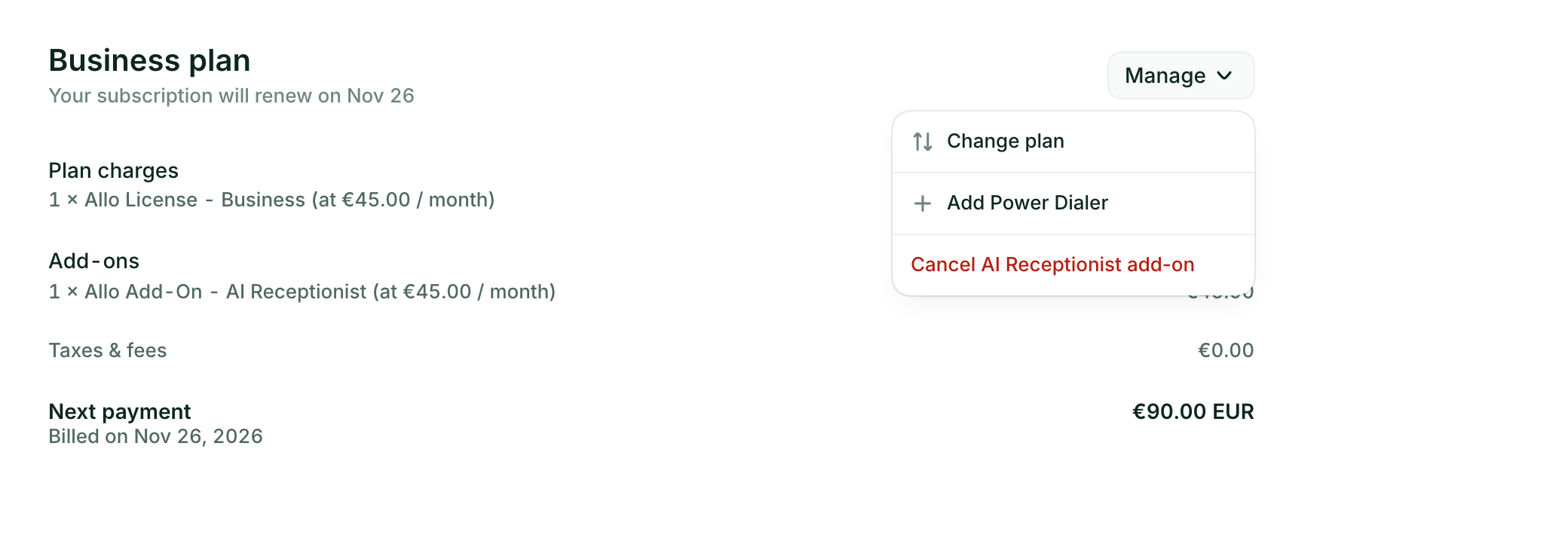 The billing page with the Manage menu open, showing Change plan, Add Power Dialer and Cancel AI Receptionist add-on