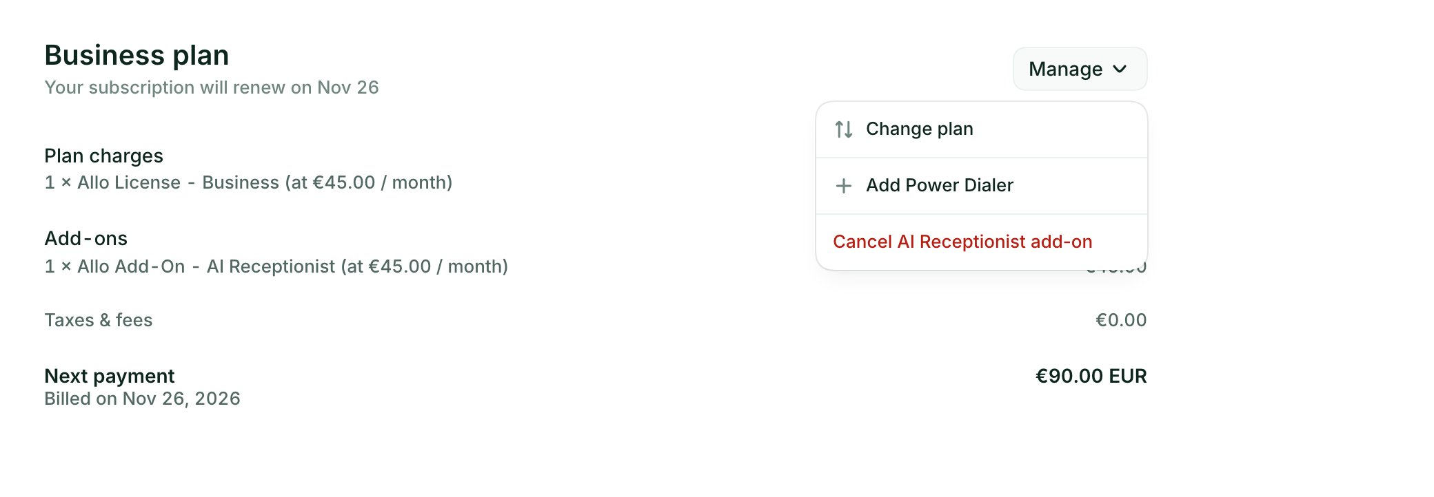 The billing page with the Manage menu open, showing Change plan, Add Power Dialer and Cancel AI Receptionist add-on