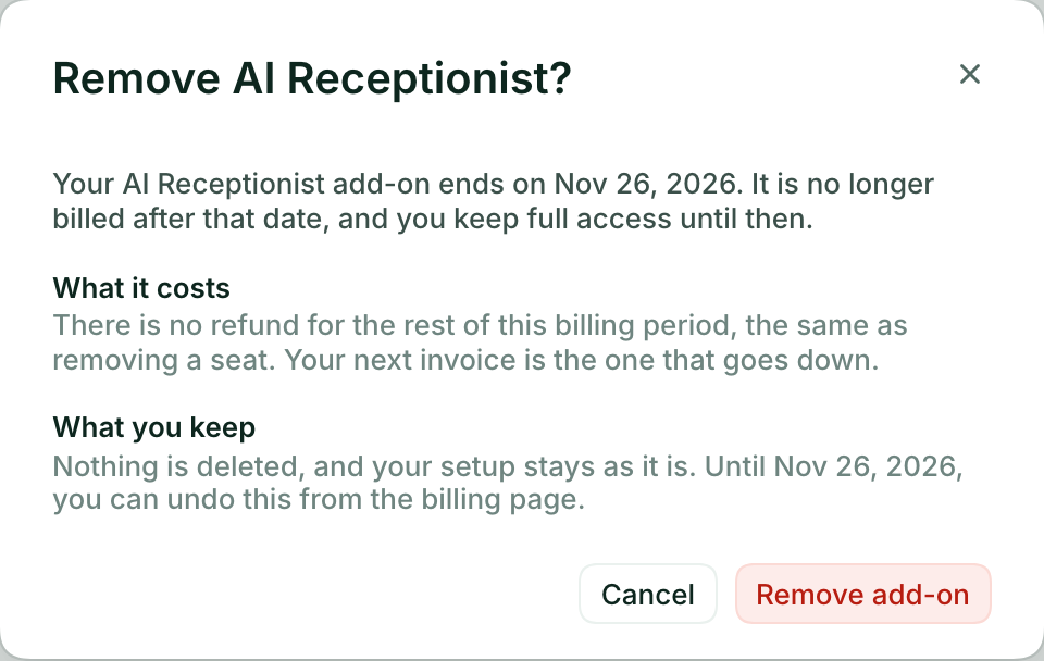 The Remove AI Receptionist window, with the end date, the cost and what you keep, and the Remove add-on button