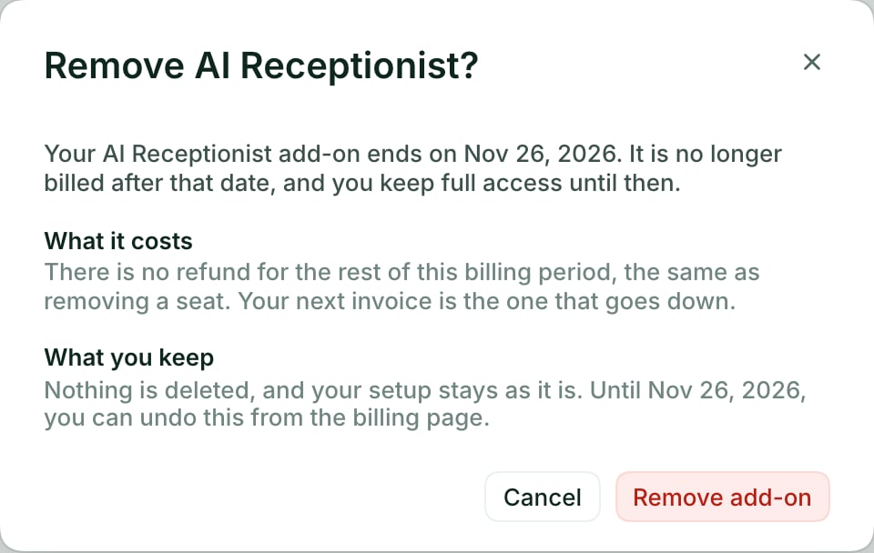 The Remove AI Receptionist window, with the end date, the cost and what you keep, and the Remove add-on button