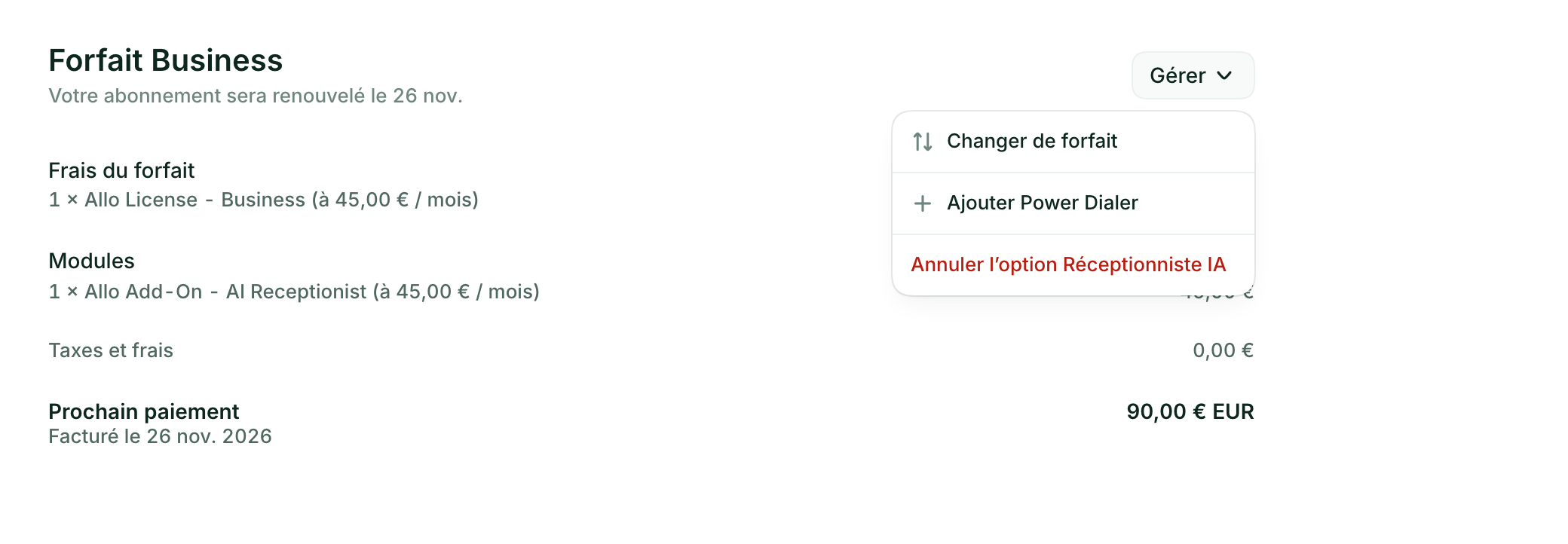 La page Facturation avec le menu Gérer ouvert : Changer de forfait, Ajouter Power Dialer et Annuler l'option Réceptionniste IA