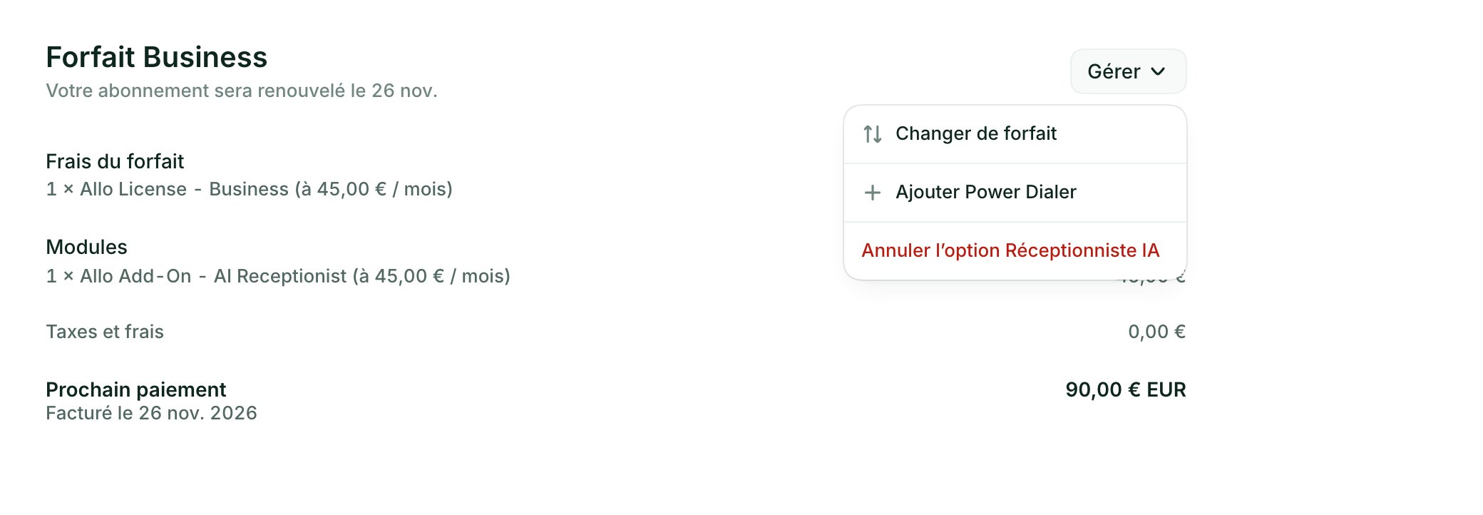 La page Facturation avec le menu Gérer ouvert : Changer de forfait, Ajouter Power Dialer et Annuler l'option Réceptionniste IA