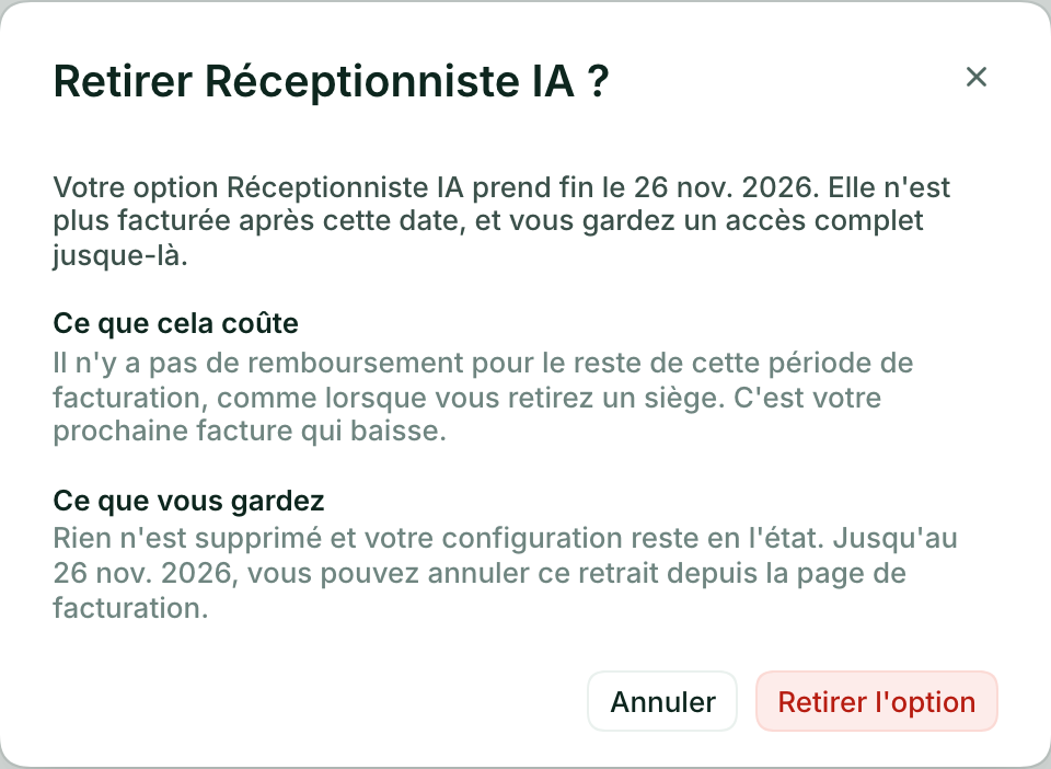 La fenêtre Retirer Réceptionniste IA, avec la date de fin, le coût, ce que vous gardez et le bouton Retirer l'option