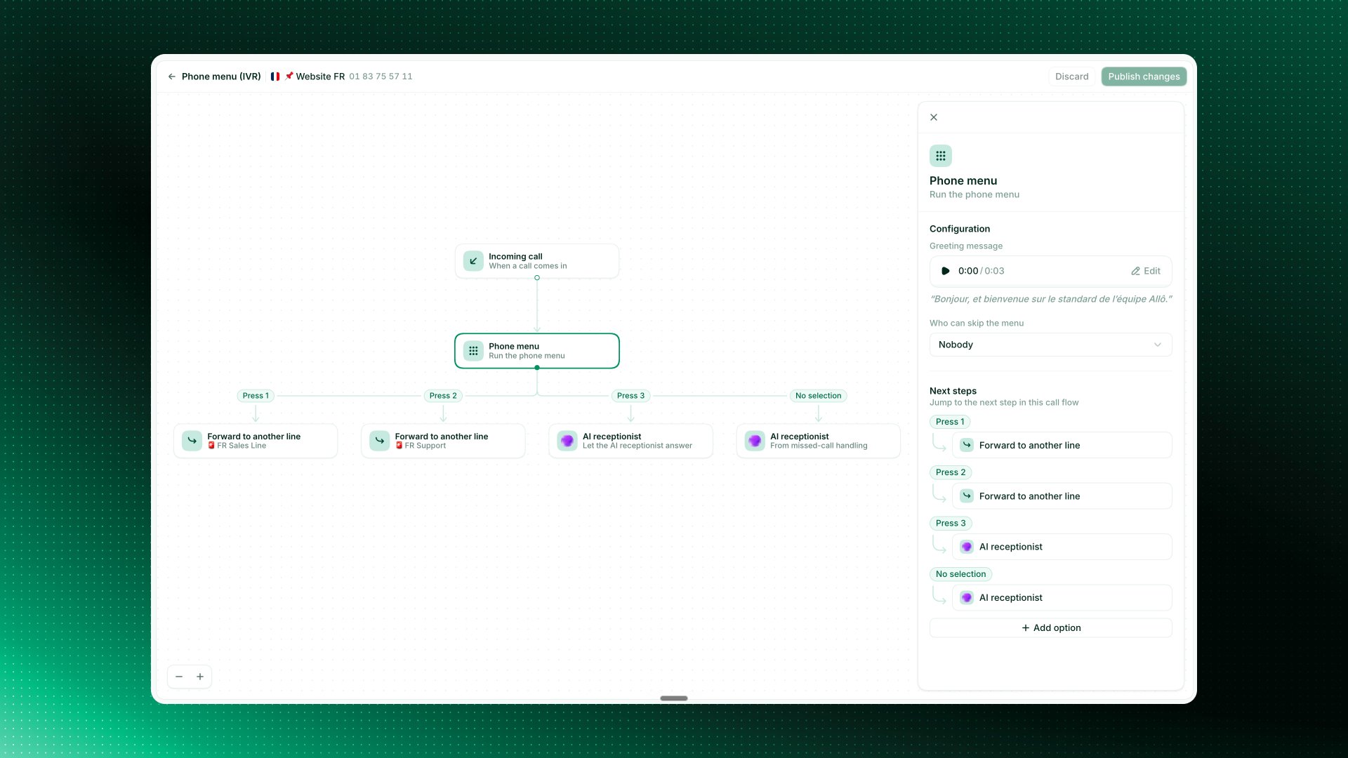 Construction d'un menu téléphonique sous forme de flux visuel dans Allo, chaque touche routée vers sa propre étape