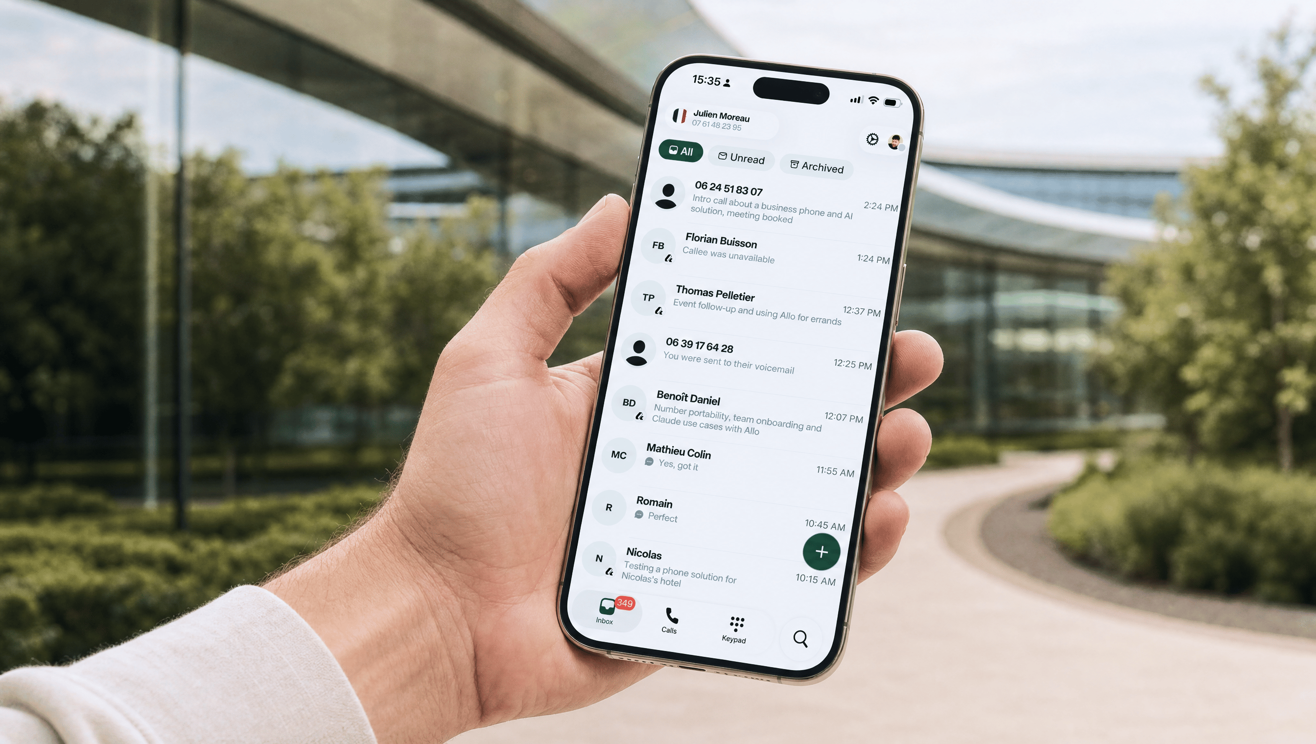 The Allo mobile app inbox on iPhone, showing recent calls and messages