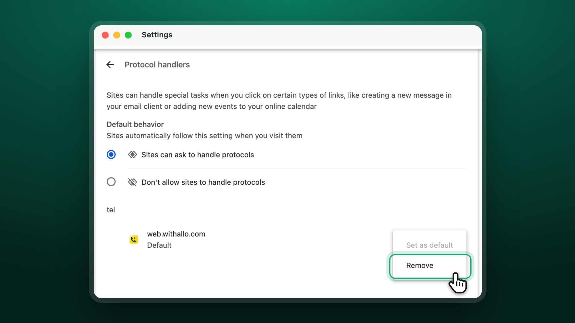 Chrome Protocol handlers settings, with web.withallo.com listed as the default for tel and the Remove option highlighted