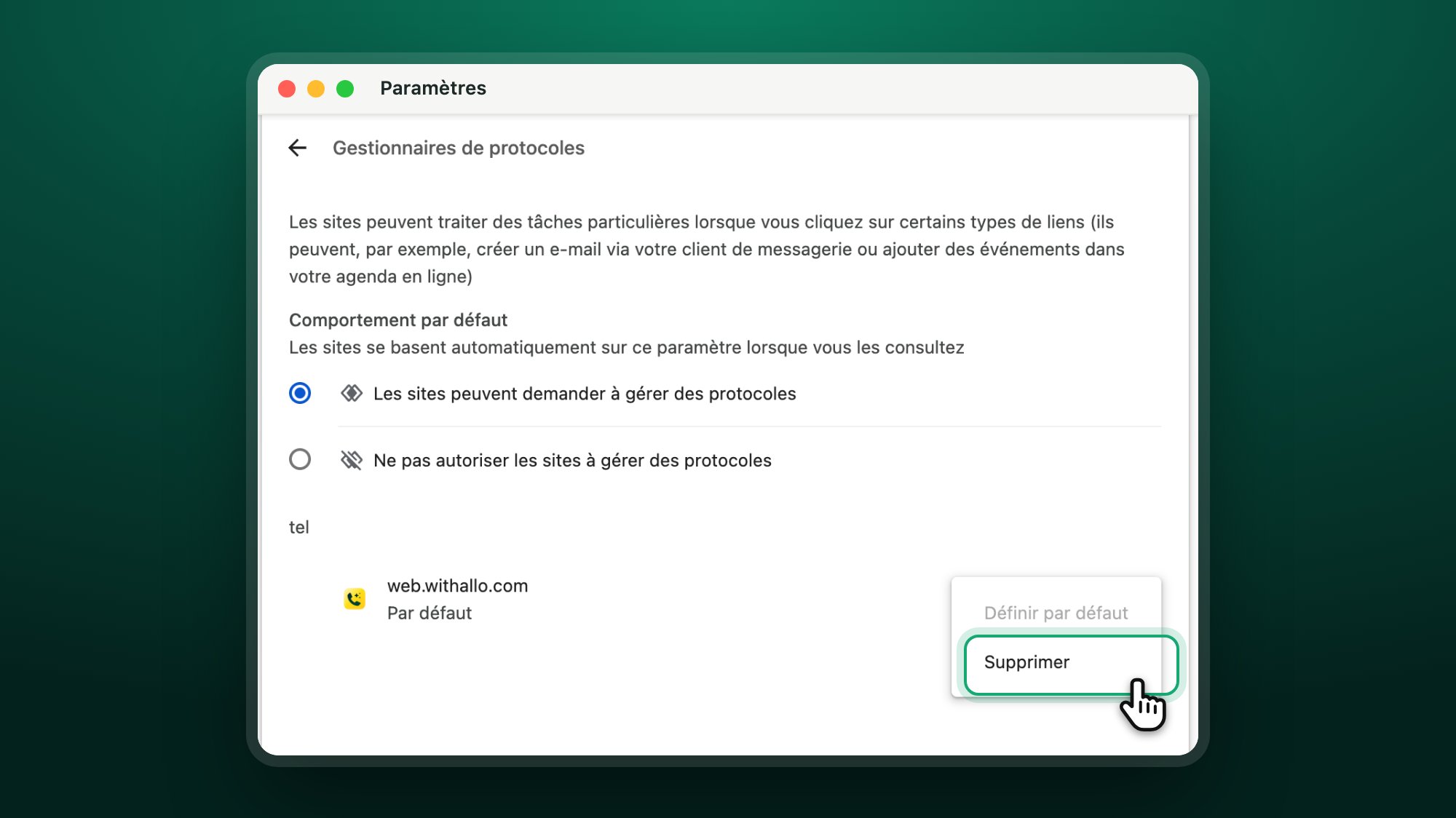 Réglages Gestionnaires de protocoles de Chrome, avec web.withallo.com par défaut pour tel et l'option Supprimer mise en évidence