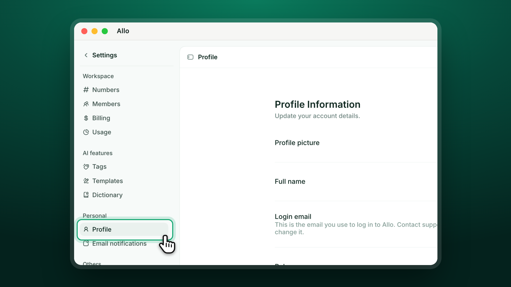 Allo settings sidebar with Profile highlighted under Personal