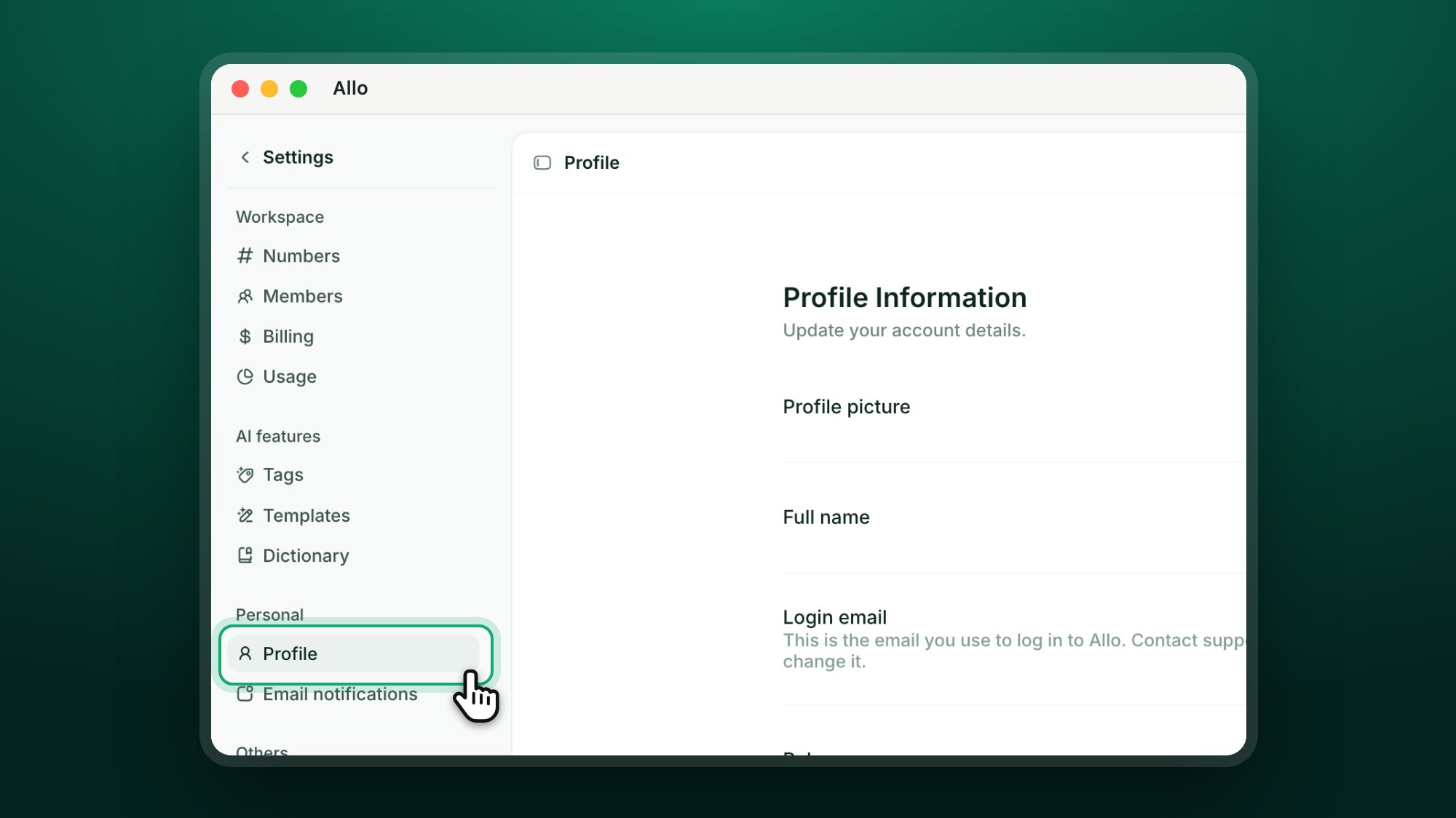 Allo settings sidebar with Profile highlighted under Personal