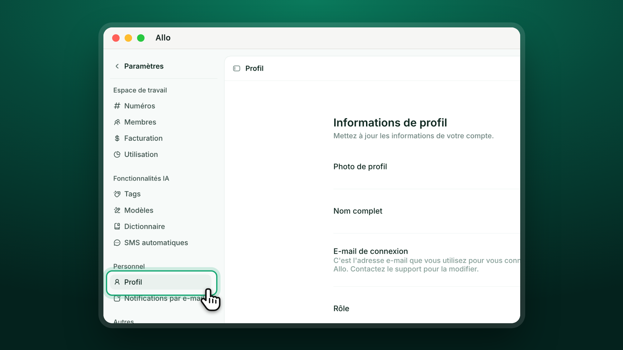 Barre latérale des paramètres Allo, avec Profil mis en évidence sous Personnel
