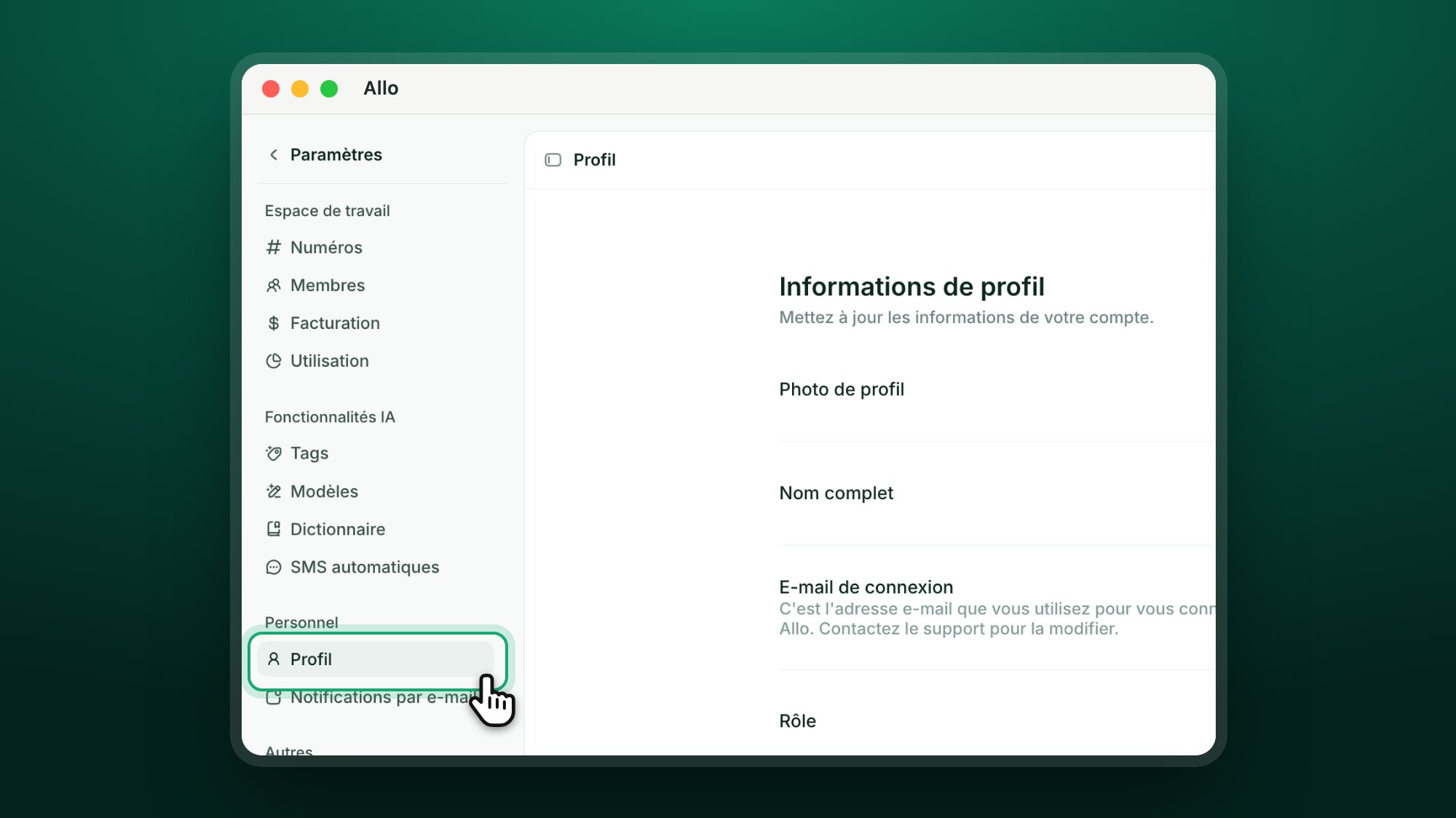 Barre latérale des paramètres Allo, avec Profil mis en évidence sous Personnel