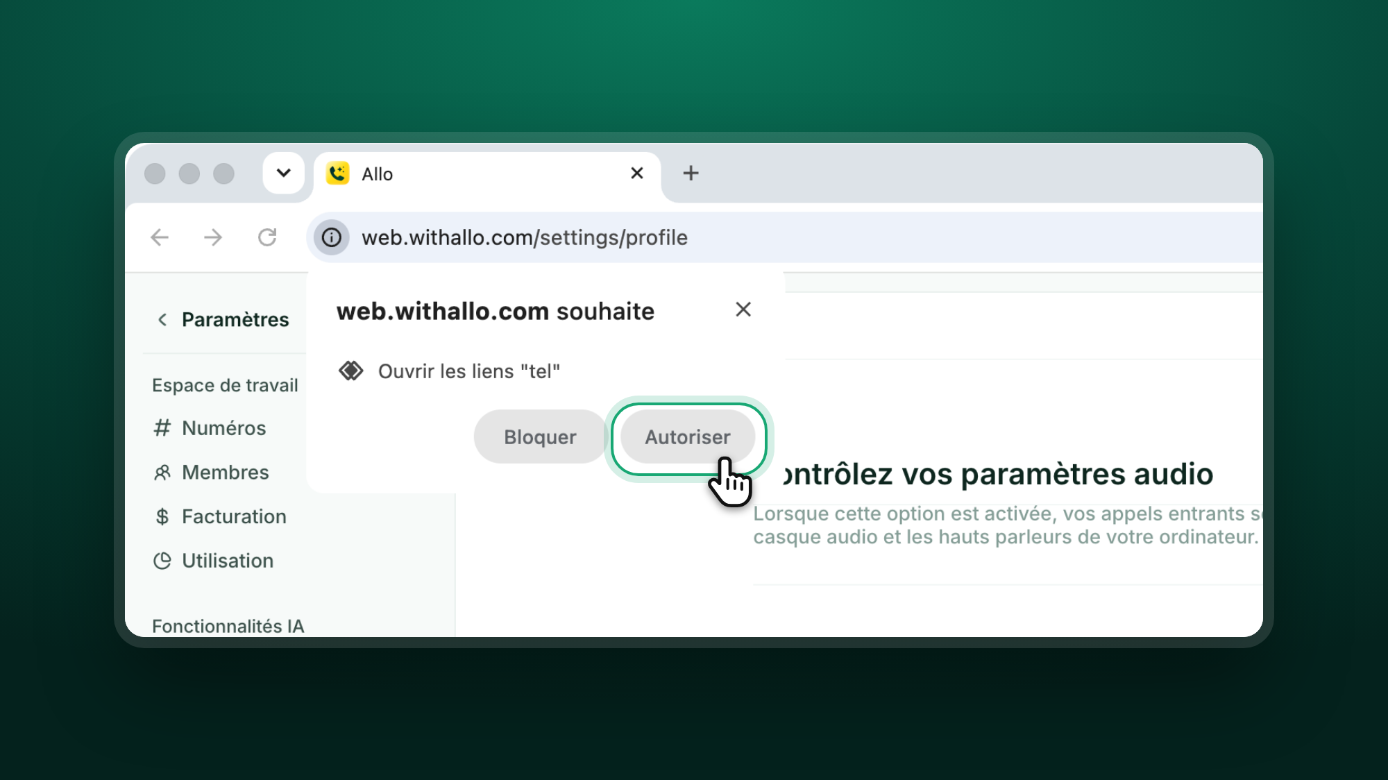 Demande de Chrome sous la barre d'adresse, web.withallo.com souhaite Ouvrir les liens tel, avec le bouton Autoriser mis en évidence