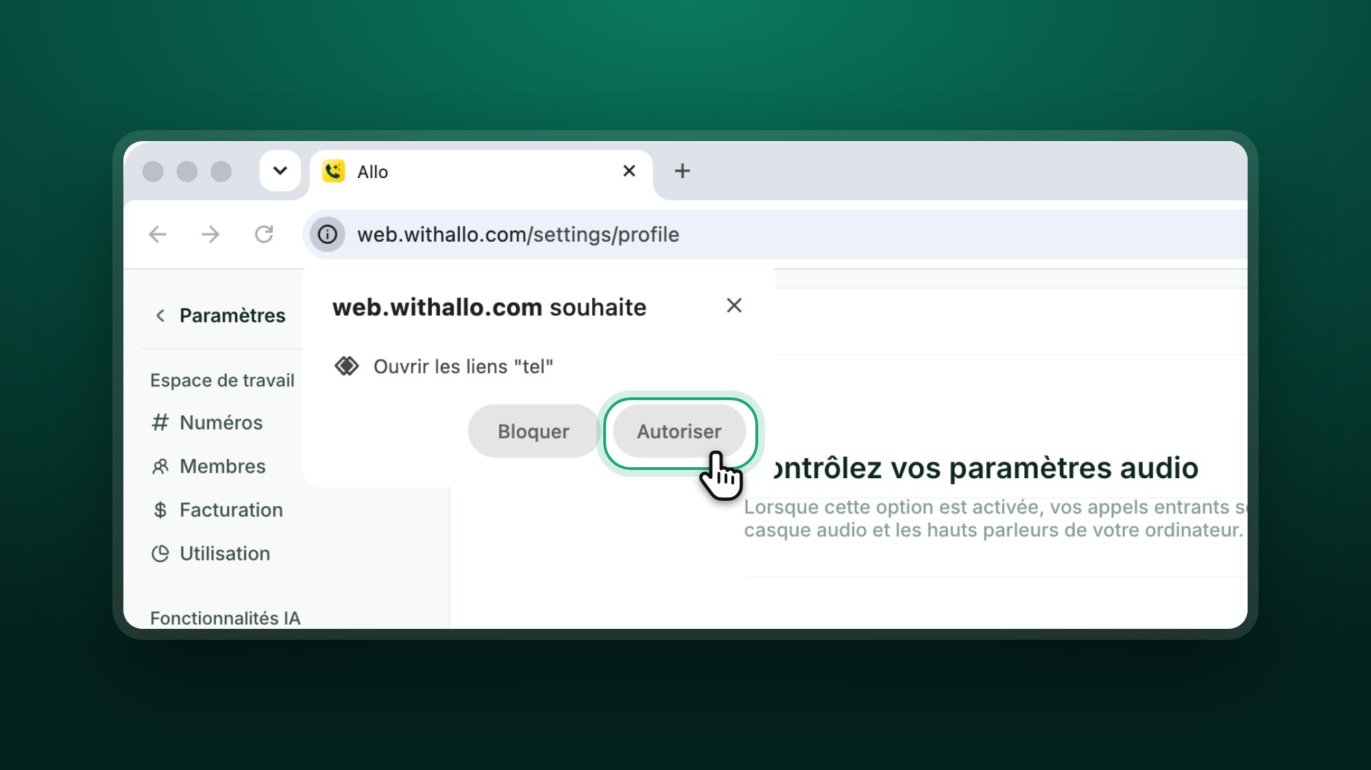 Demande de Chrome sous la barre d'adresse, web.withallo.com souhaite Ouvrir les liens tel, avec le bouton Autoriser mis en évidence