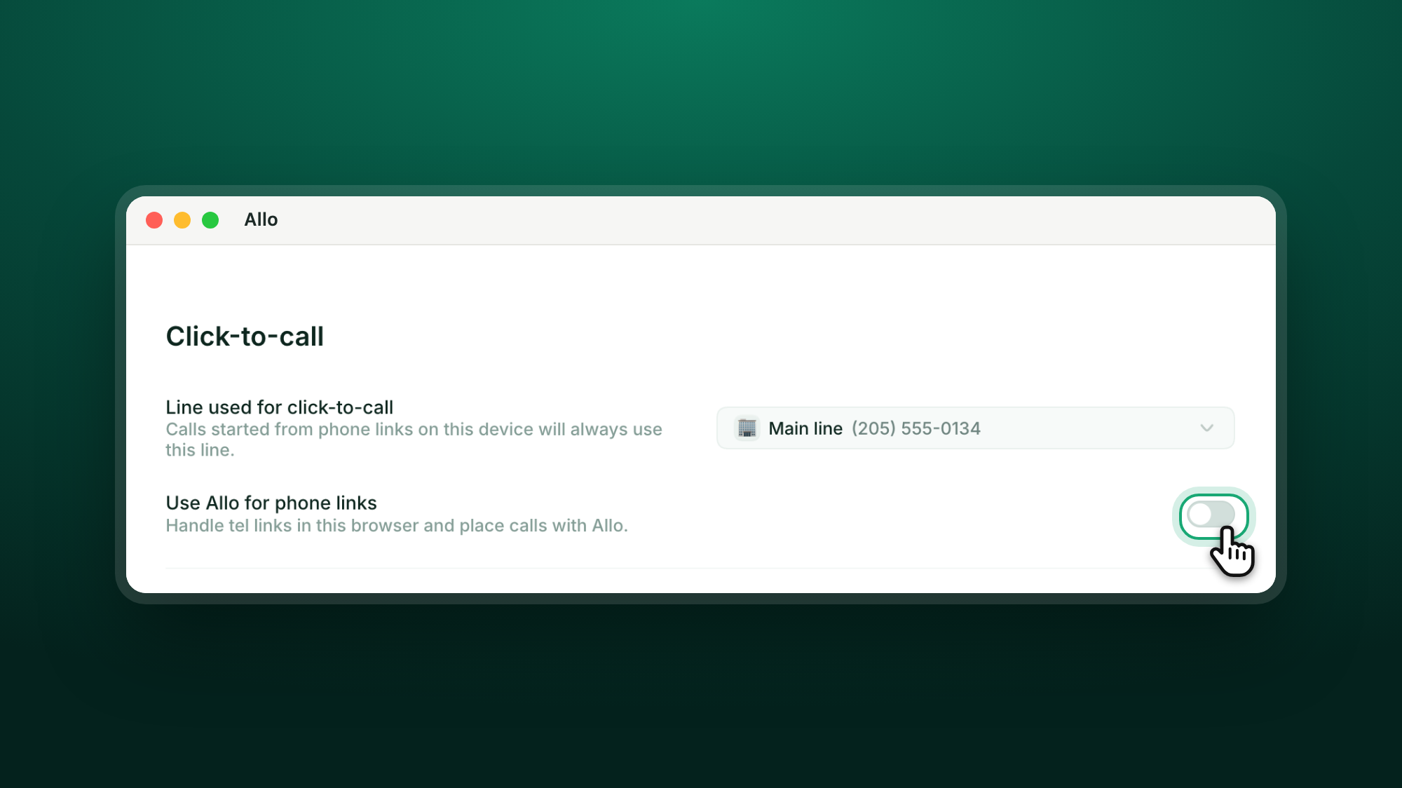 The Click-to-call section of Settings > Profile, with the Use Allo for phone links switch highlighted