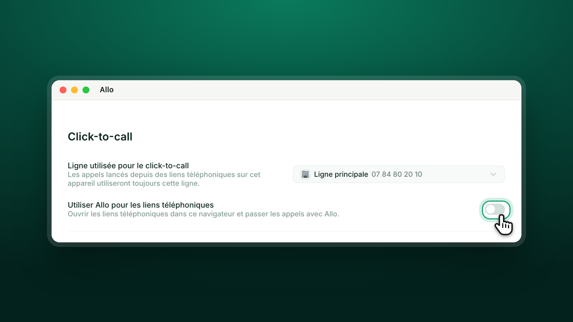 La section Click-to-call de Paramètres > Profil, avec l'interrupteur Utiliser Allo pour les liens téléphoniques mis en évidence