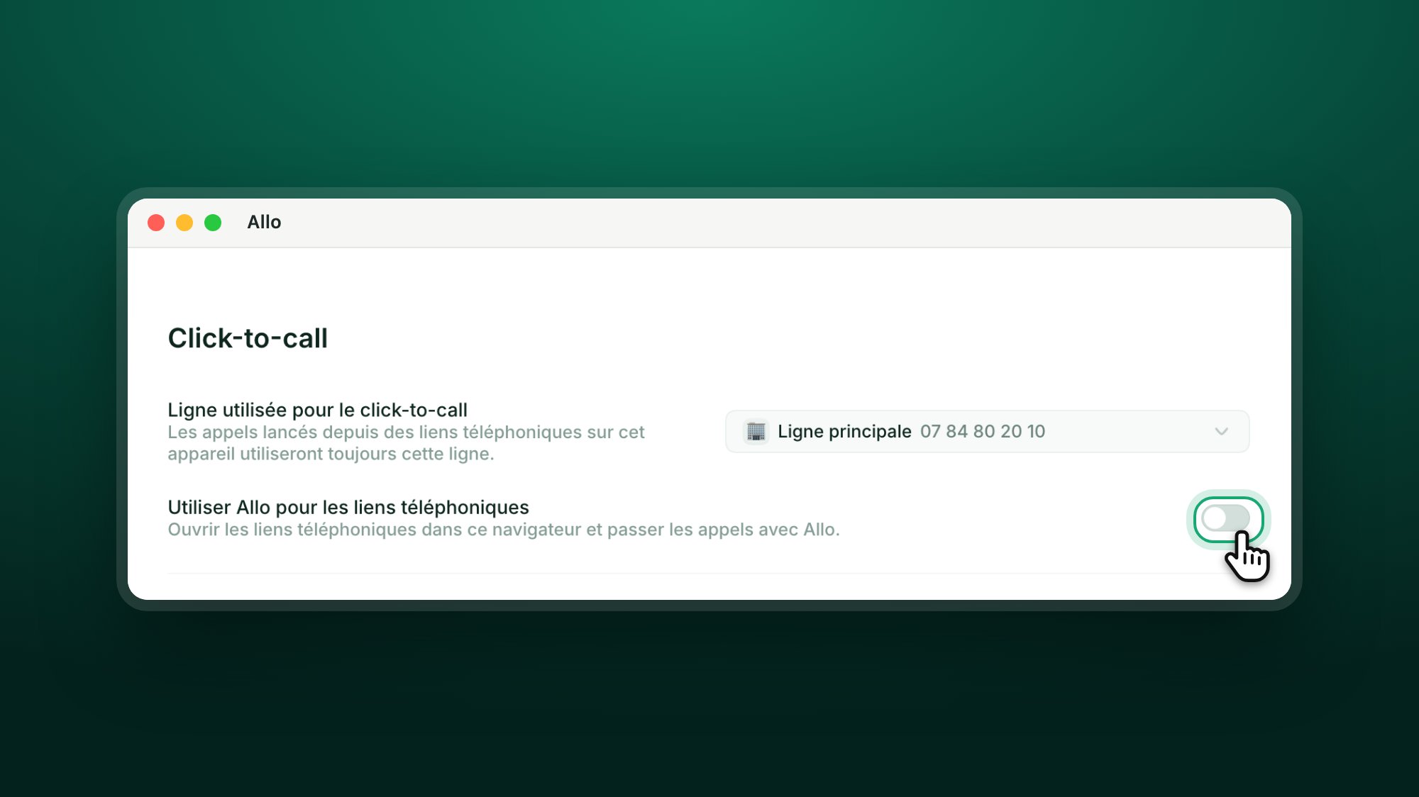 La section Click-to-call de Paramètres > Profil, avec l'interrupteur Utiliser Allo pour les liens téléphoniques mis en évidence