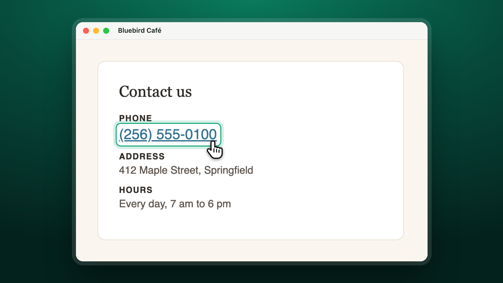 A business contact page with its phone number link highlighted