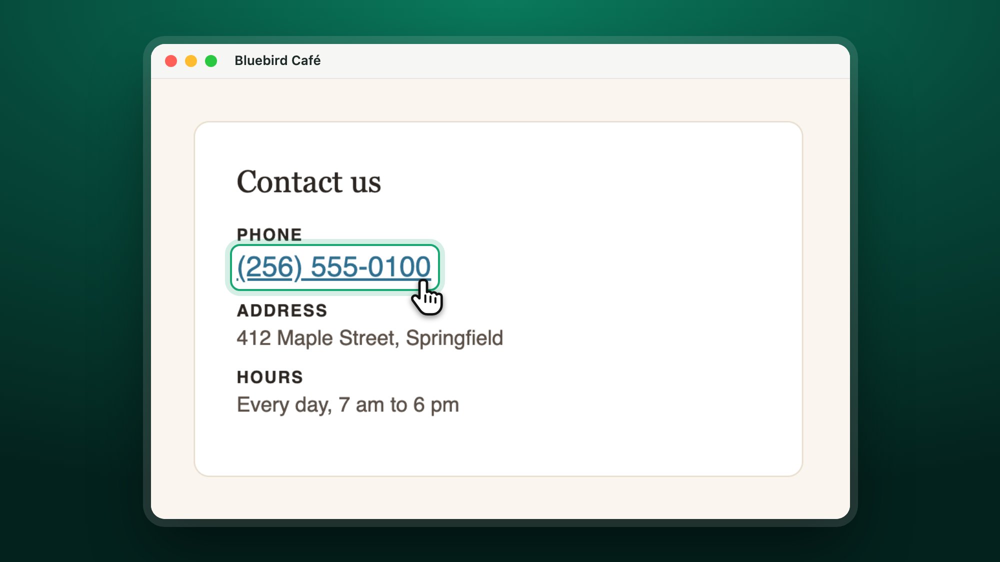 A business contact page with its phone number link highlighted