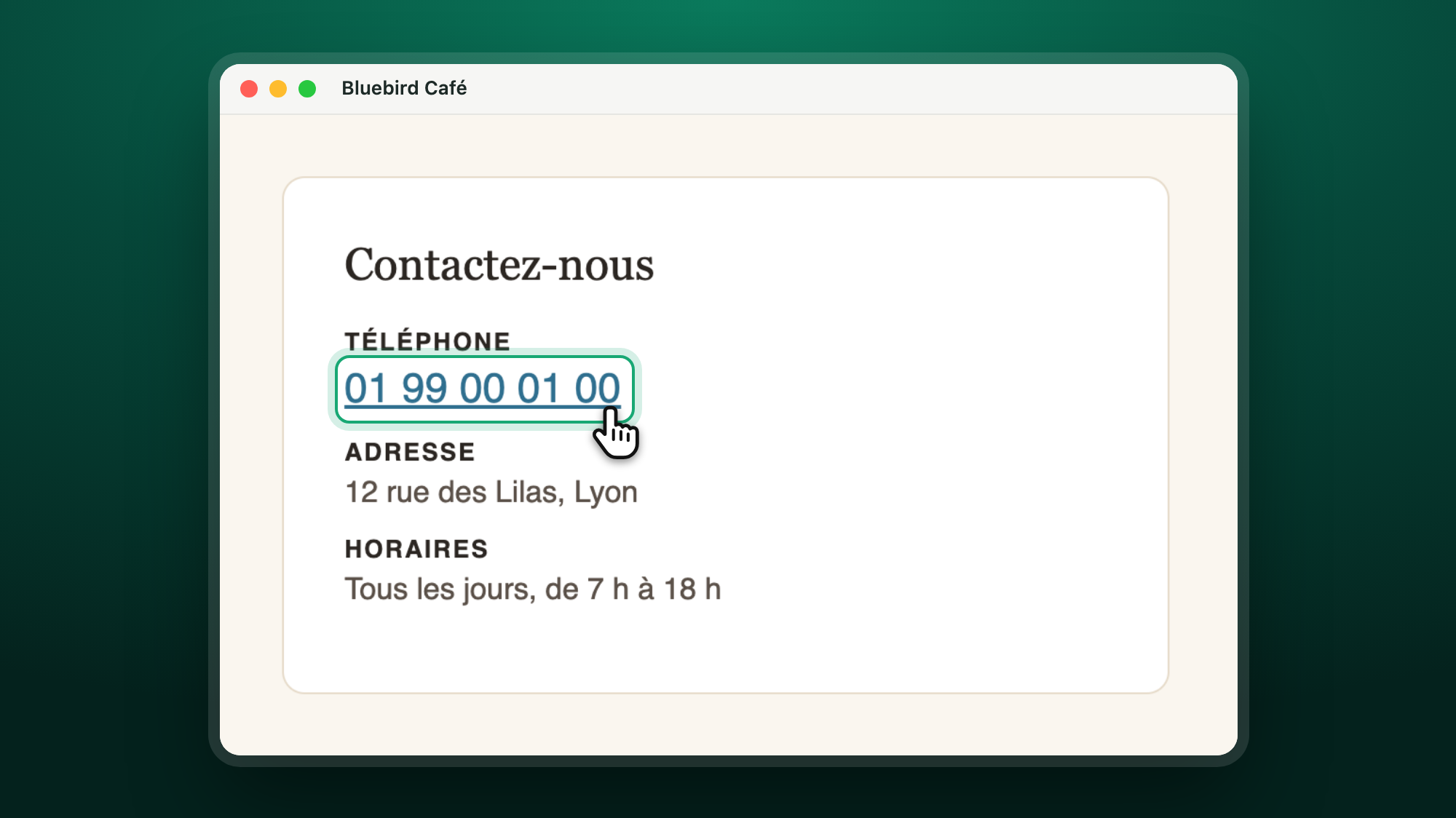 Page contact d'une entreprise, avec le lien du numéro de téléphone mis en évidence