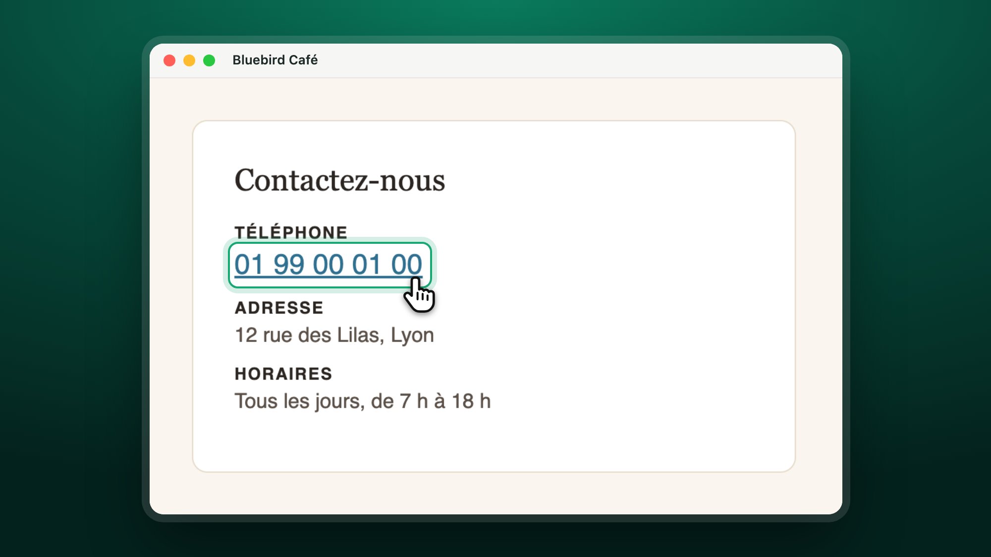 Page contact d'une entreprise, avec le lien du numéro de téléphone mis en évidence