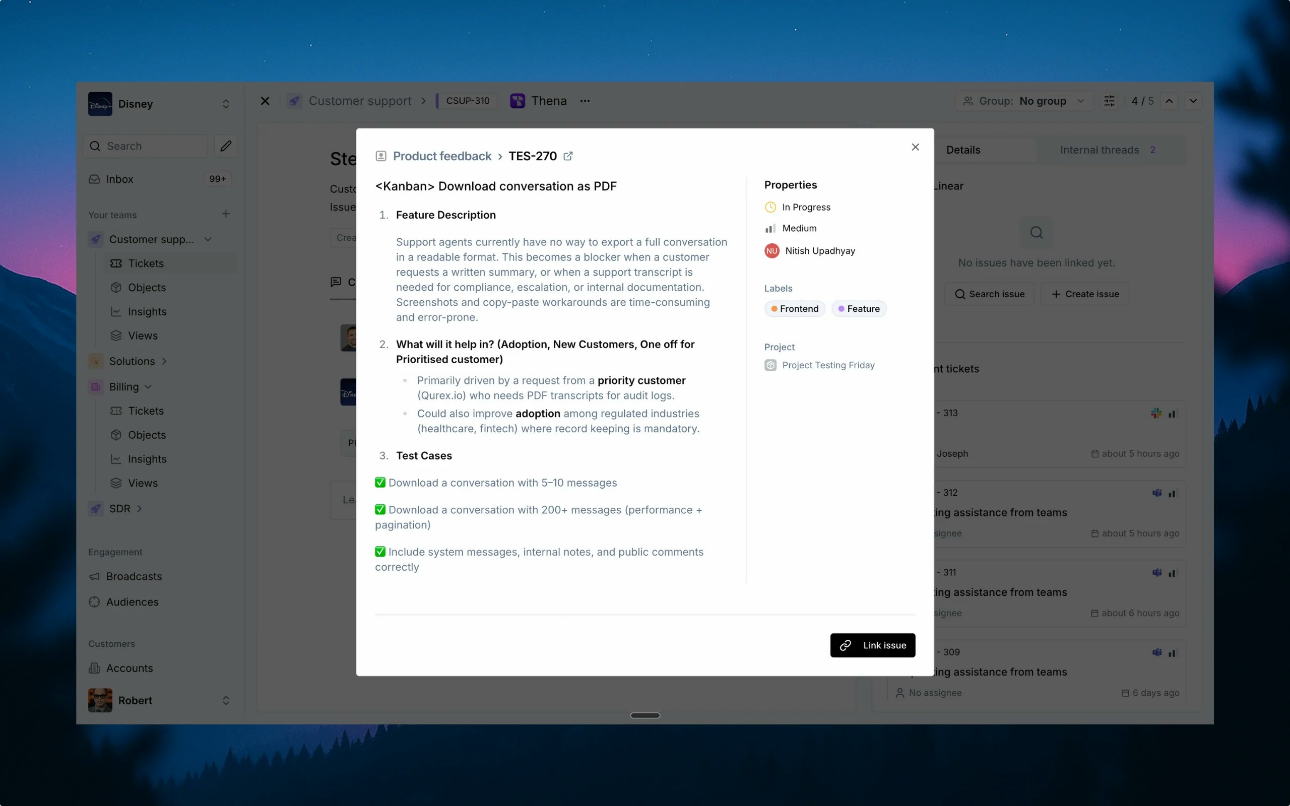 Viewing a Linear issue from Thena to link