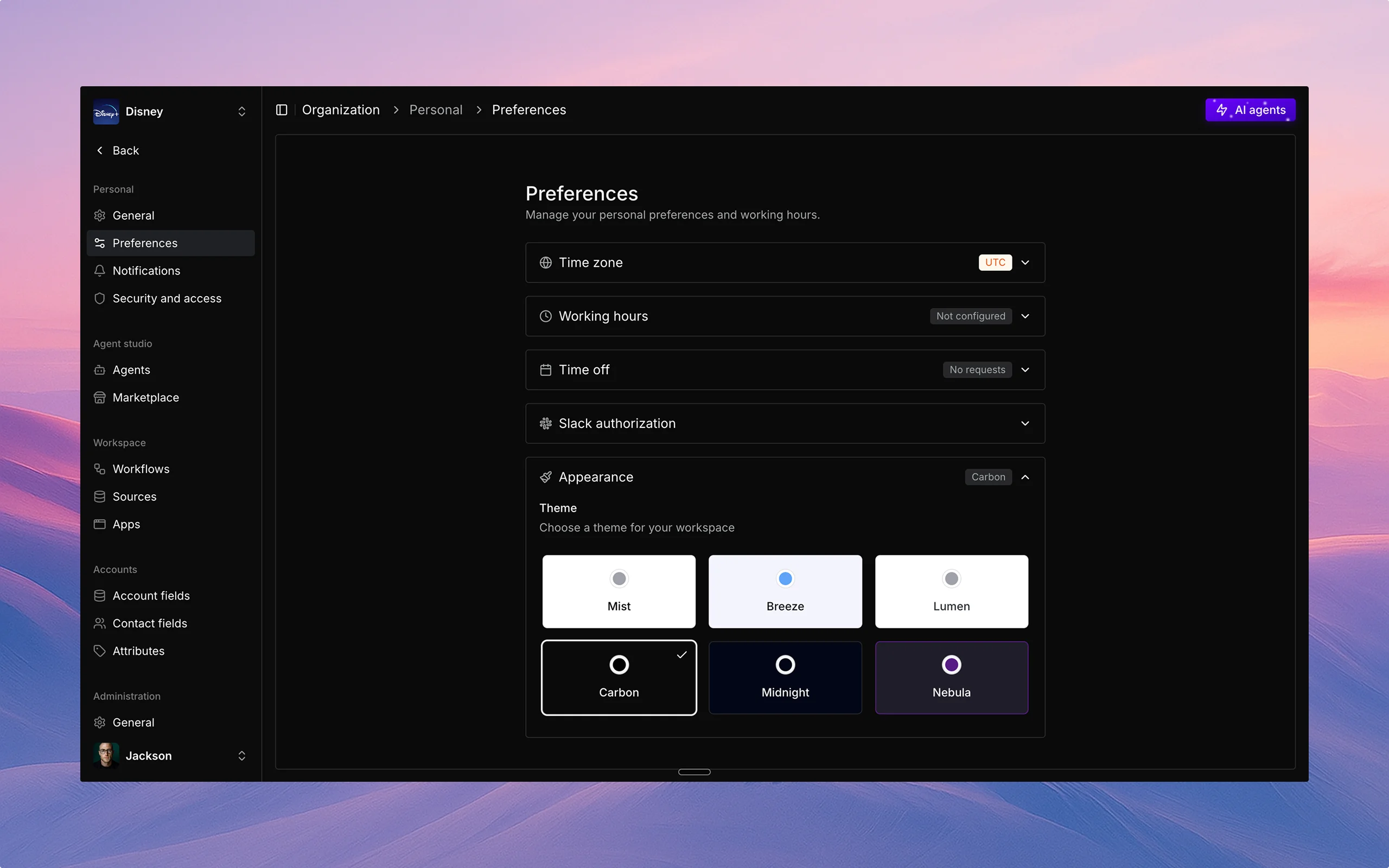 Theme settings interface