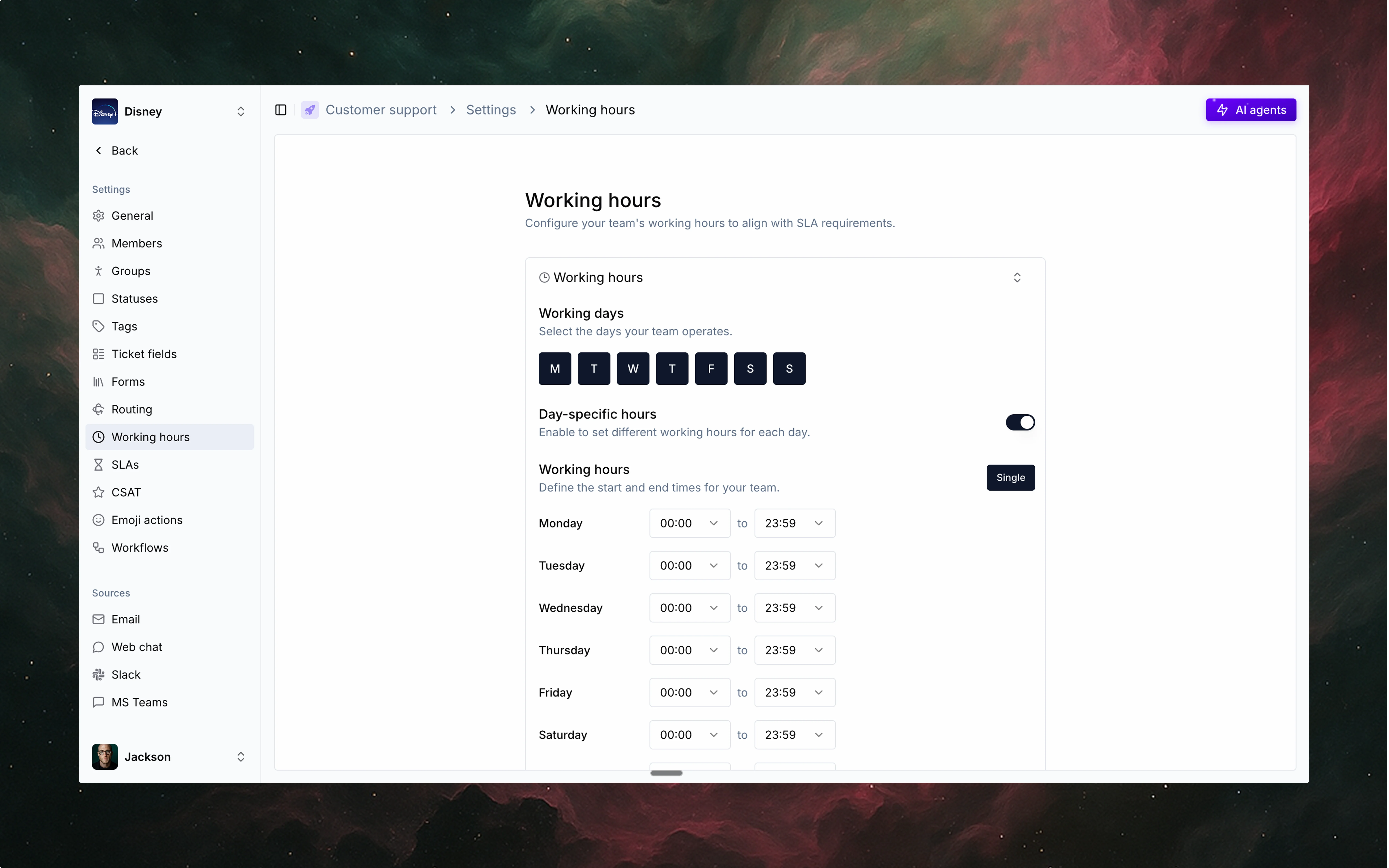 Working hours interface