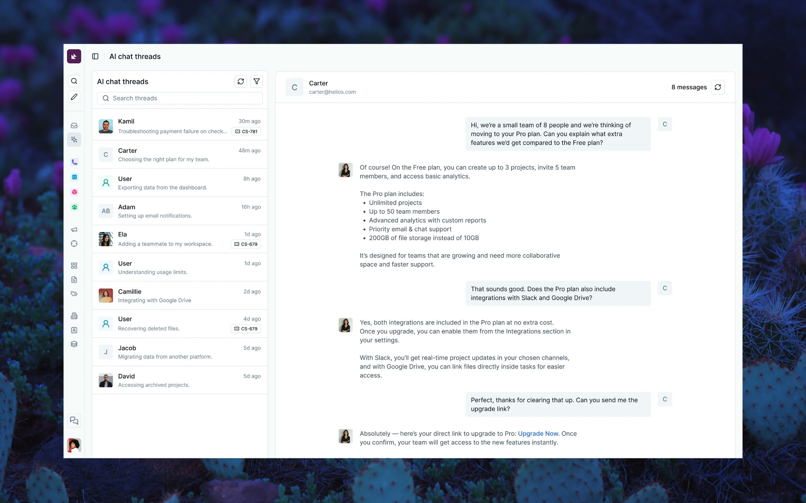 AI Chat Threads interface in Thena dashboard