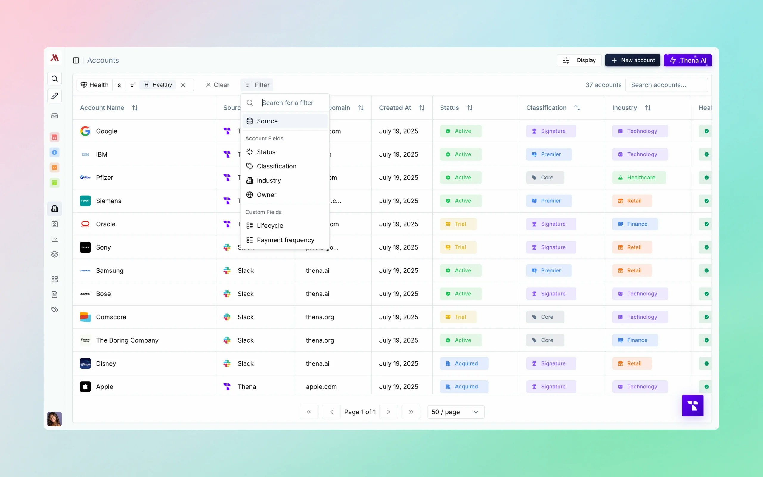 Account filters in Thena