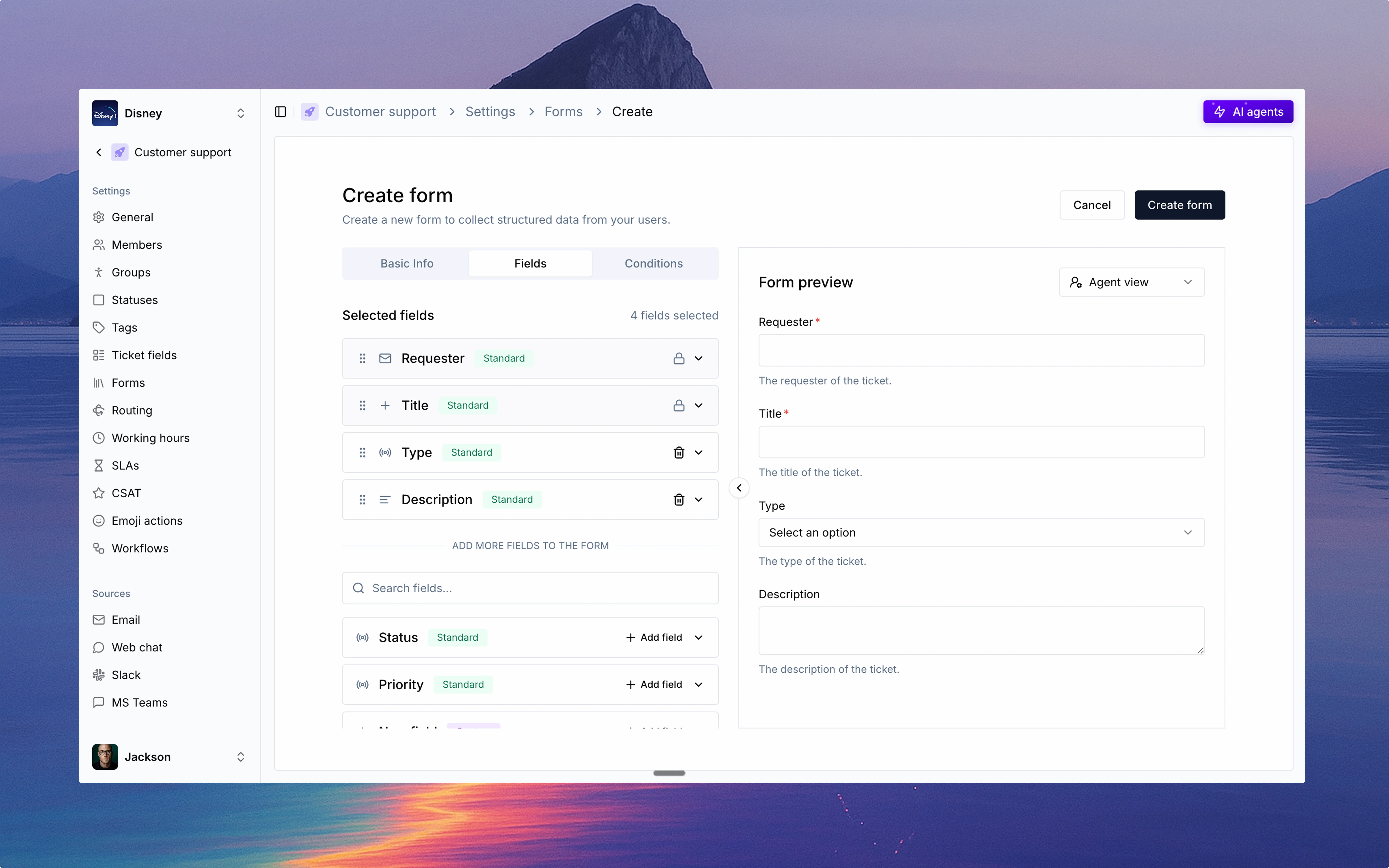 Form creation interface